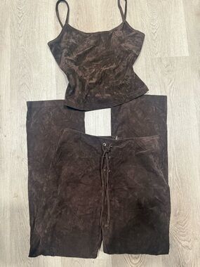 American Vintage Brown Suede-Look Two-Piece Set low rise pant and tank Y2K